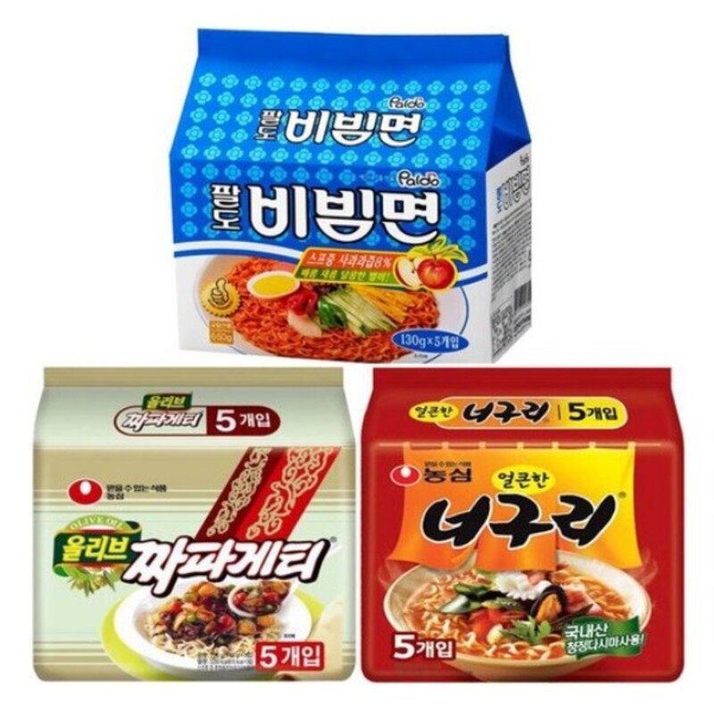 농심&팔도 팔도 비빔면 130gx5개+농심짜파게티140gx5개+농심너구리120gx5개, 15개