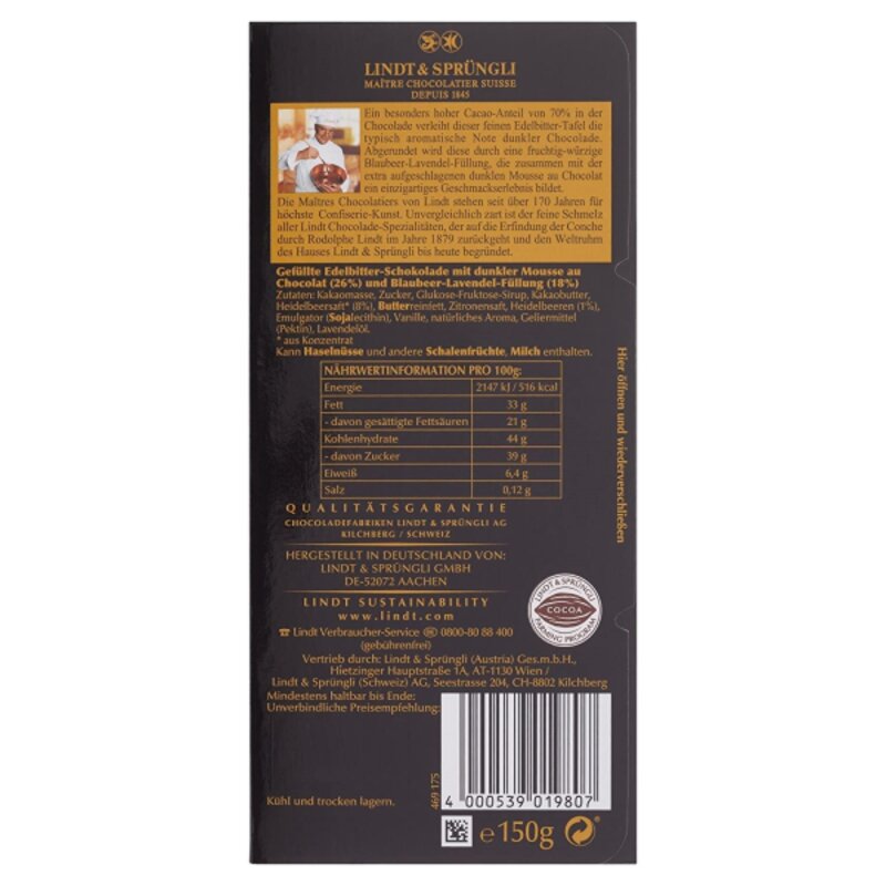 Lindt 린트 다크초콜릿 블루베리 & 라벤더, 1개, 150g