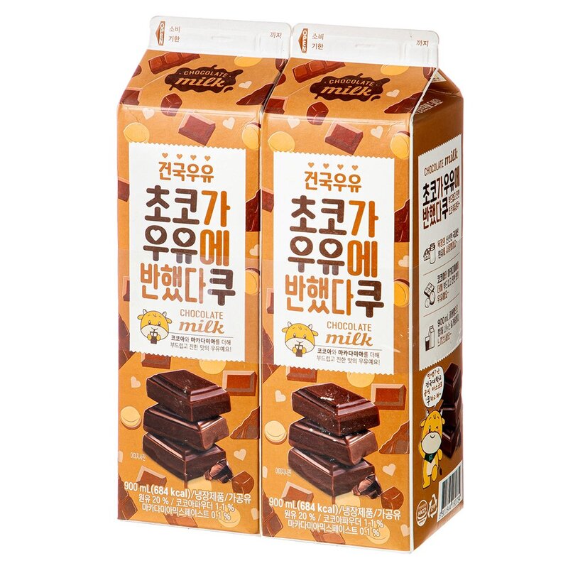 건국유업 초코가 우유에 반했다쿠, 900ml, 2개