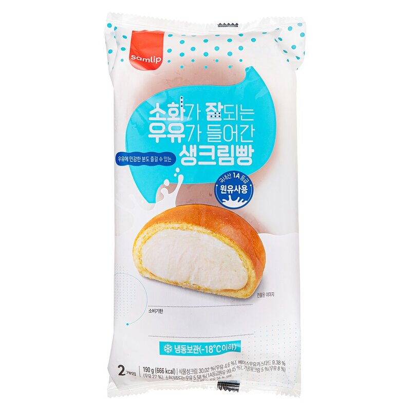 삼립 소화가 잘되는 우유가 들어간 생크림빵 2개입 (냉동), 190g, 1개