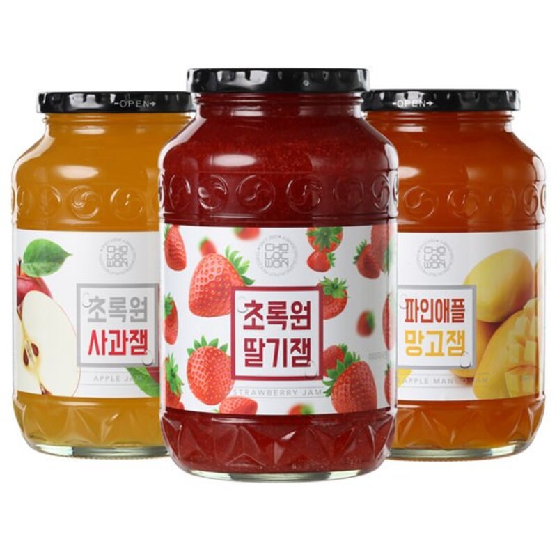 초록원 과일잼3종 1kg+1kg (딸기잼/사과잼/파인애플망고잼), 잼 선택:딸기잼1kg+사과잼, 단품