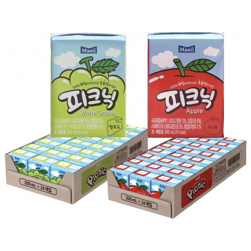 매일유업 피크닉 사과 200ml 24팩 + 피크닉 청포도 200ml 24팩, 1세트