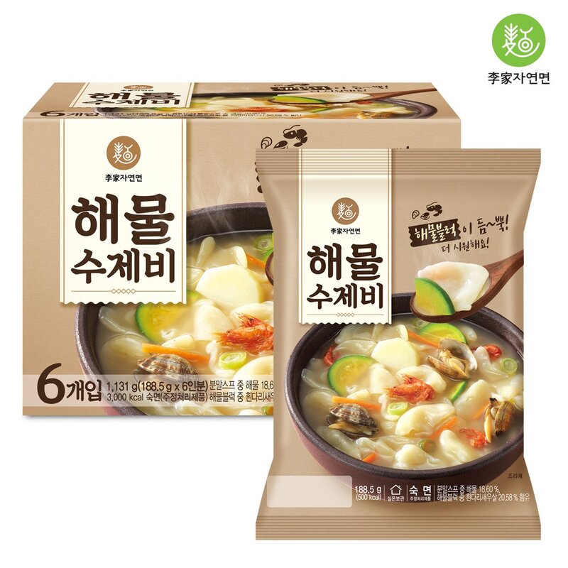 이가자연면 해물수제비, 188.5g, 6개